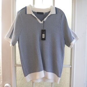 Elie Tahari White/Blue/Dark Navy Combo Short Sleeve Collared Knit Top